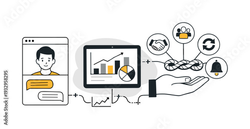 Modern minimal flat vector conceptual collage, crisp hard edges, consistent THIN outline stroke, rounded corners where needed,