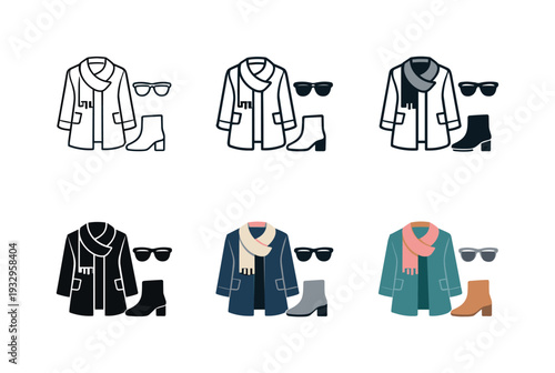 Clothing and accessories icon illustrating a coat, scarf, sunglasses, and boot, conveying seasonal fashion, style, and wardrobe