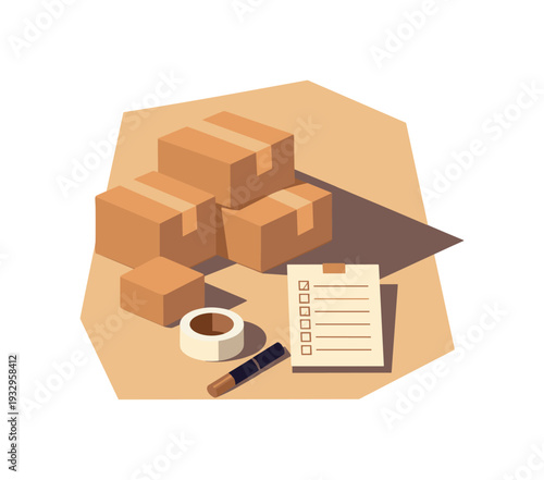 Moving house packing concept with simple cardboard boxes tape roll marker and packing list arranged neatly seen from top-down