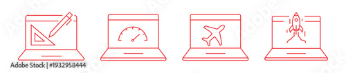 Minimalist Laptop Outline Icon Bundle: Web Development, UX/UI Design, Global Travel, and Business Analytics Concepts