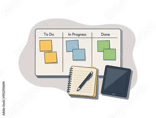 Clean kanban board workflow concept viewed from above with generic sticky notes notebook pen and tablet aligned clearly, placed