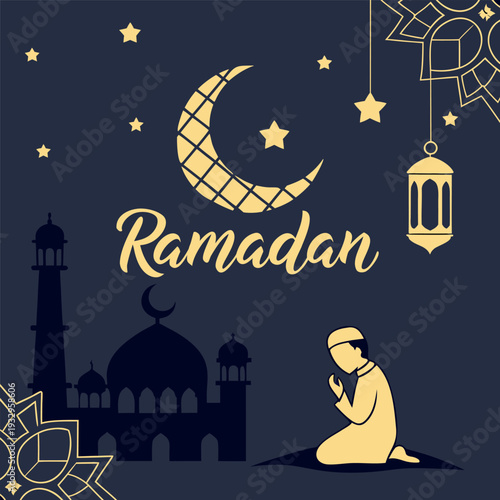 Muslim man praying in mosque during Ramadan Kareem, Islamic prayer illustration with glowing lanterns and crescent moon, vector design.
