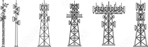 Communication towers illustration set, cellular antennas, radio transmission structures, wireless infrastructure design, telecommunication technology, lattice monopole vector art