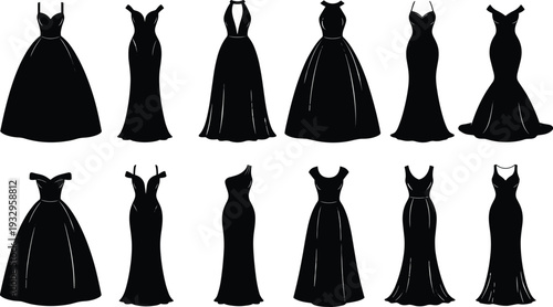 Evening gown silhouette collection, fashion dress vector illustration, formal wear icons, black outline gowns, clothing design resource, style comparison art