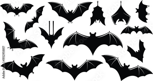 Flying bat silhouettes collection, diverse wing shapes, Halloween design, spooky animal illustration, nocturnal wildlife, gothic decoration, biology concept, dark theme