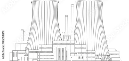 Nuclear power plant illustration, cooling towers, energy infrastructure, electricity generation facility, atomic energy station, industrial architecture, renewable electricity design vector