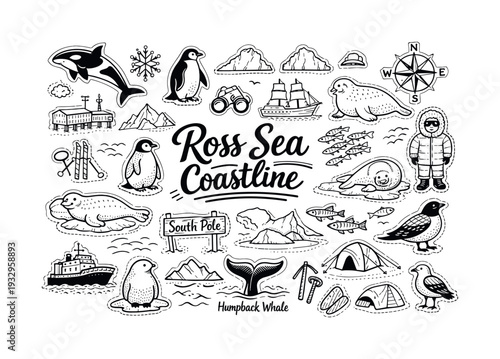 Ross Sea coastline concept, hand drawn doodle elements set, center hand-lettered title, black & white vector line art, bold clean
