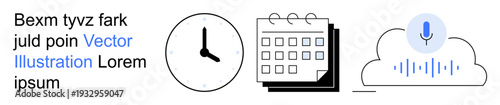 Productivity tools, time management, scheduling, voice recording, cloud storage, organization. Clock, calendar and cloud with microphone icon. Time management and scheduling