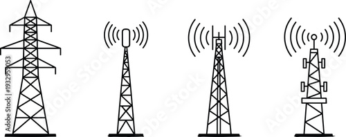 Utility and communication towers illustration, electricity transmission, cellular antennas, broadcast infrastructure, wireless signal design, telecommunication technology vector art