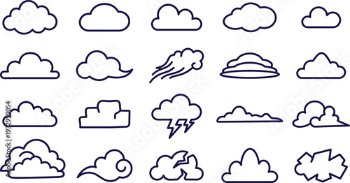 Stylized cloud icons collection, weather symbols, diverse shapes, lightning and wind elements, meteorology illustration, forecast graphics, digital design, atmospheric concept