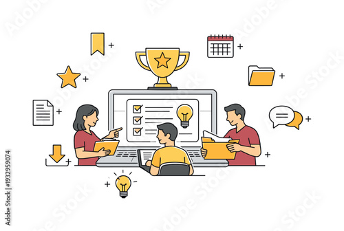 Collaborative outcome scene with a trophy hero symbol above a laptop wrap-up card, teammates saving the final plan and lessons