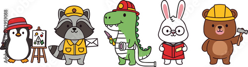 Cute animal characters with professions set – penguin artist, raccoon detective, crocodile engineer, rabbit student and bear builder cartoon illustration