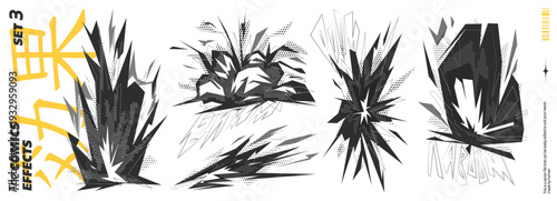 Comic Explosion Effect with Abstract Manga and Cartoon Anime Design in Black and White for Dynamic Impact. Vibrant Smoke and Vector Explosive Flame Energy on A Motion Background with Speed and Power