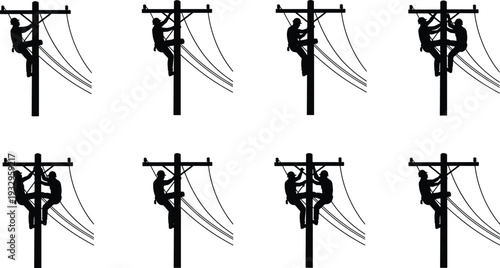 Utility workers silhouettes climbing poles, electrical linemen vector illustration, power line maintenance, energy infrastructure teamwork, industrial safety harness design art
