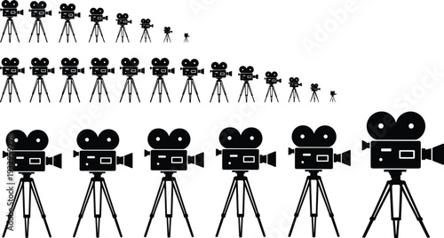 Vintage film camera silhouettes on tripods, vector illustration, photography equipment icons, retro design resource, black outline cameras, creative art