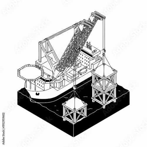 Isometric illustration of a heavy lift crane vessel at sea.