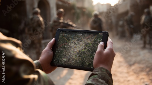 Soldier using tablet with map display