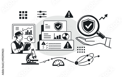 Analytics Dashboard Collage. Modern minimal flat vector conceptual collage, crisp hard edges, consistent THIN outline stroke,
