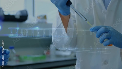 Animation of dna strand and data processing over diverse scientists in lab