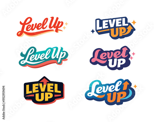 Clean flat holiday banner set illustration featuring modern lettering logo set for Level Up designed for stock marketplaces, six