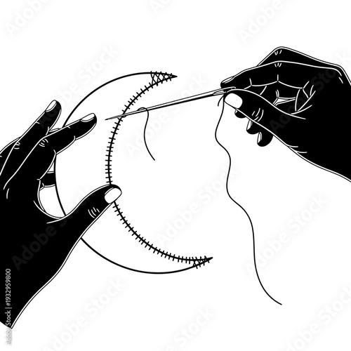 Hands sewing crescent moon with needle and thread, concept of creation and dreams