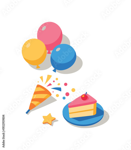 Minimal celebration party essentials set with balloons confetti popper and cake slice loosely arranged seen from a top-down angle