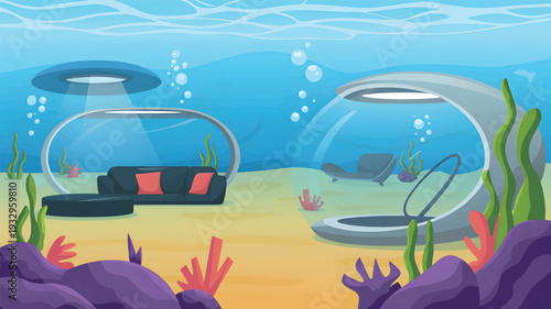 Underwater living room with bubble houses and furniture, ocean interior dome design