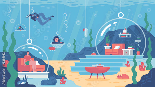Underwater living room with people in bubbles and scuba diver furniture