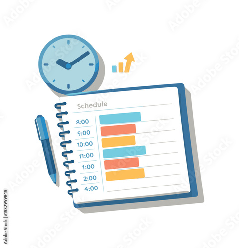 Minimal Time Blocking Scene. Minimal time blocking schedule concept with calendar notebook pen and clock loosely arranged seen