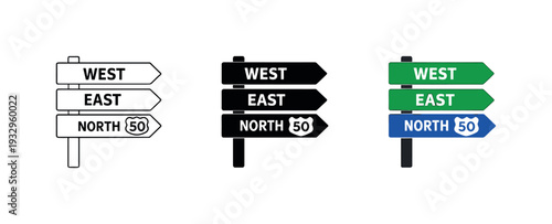 Highway context depicted through a roadside directional signpost with arrow panel and pole, identical form arranged horizontally