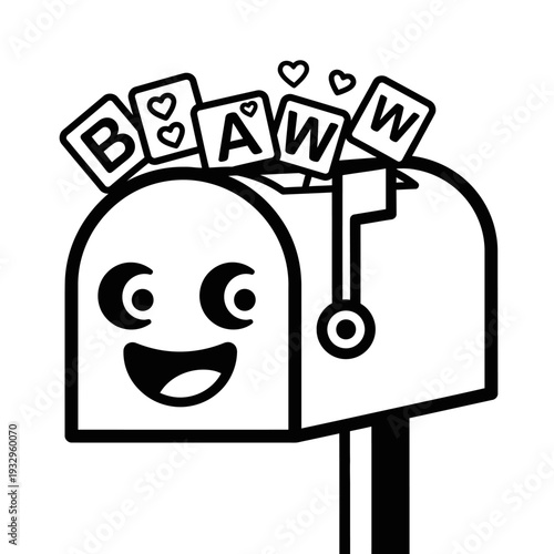 Happy Mailbox Character with Love Letters and Hearts, Cute Cartoon Illustration