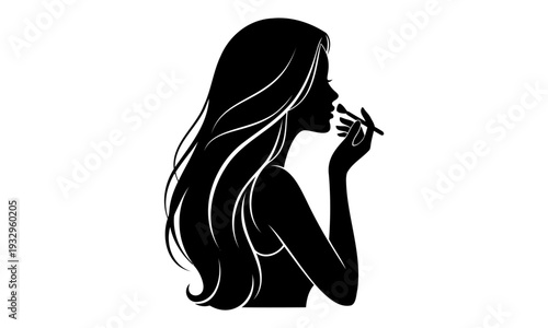 Beautiful Woman Silhouette Applying Makeup with Long Hair Vector