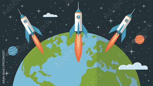 Three cartoon rockets launching from Earth into a starry space planet design