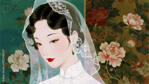 Illustration of a woman in traditional attire with lace veil and floral background