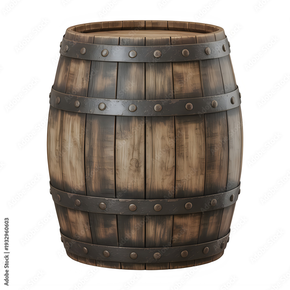 Fototapeta premium Wooden barrel with metal bands isolated on a transparent background rustic