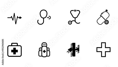 Healthcare and medical service icon set with stethoscope pill heartbeat and first aid symbols