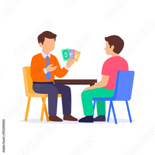 Currency Exchange Guidance, Advising pilgrims on foreign currency exchange, Flat vector character illustration