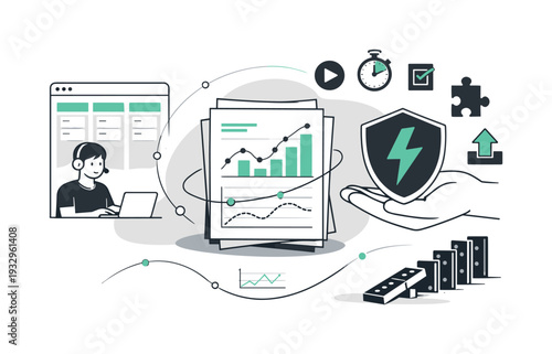 Modern minimal flat vector conceptual collage, crisp hard edges, consistent THIN outline stroke, rounded corners where needed,