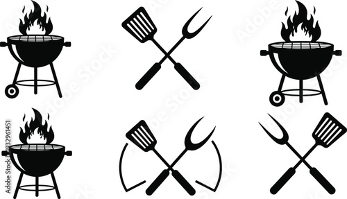 Kitchen icon set featuring bbq grills and utensils for cooking and grilling