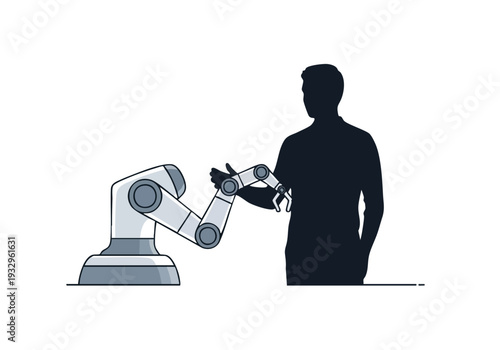 Humanoid robot arm shaking hands with a silhouette of a person, symbolizing cooperation and integration of technology in everyday life