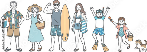 親子三世代で海へ行く家族のイラスト（夏の家族旅行・ビーチレジャー）