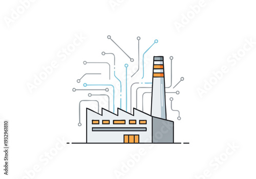 Industrial factory with connected circuits, representing smart manufacturing and technological innovation in industry