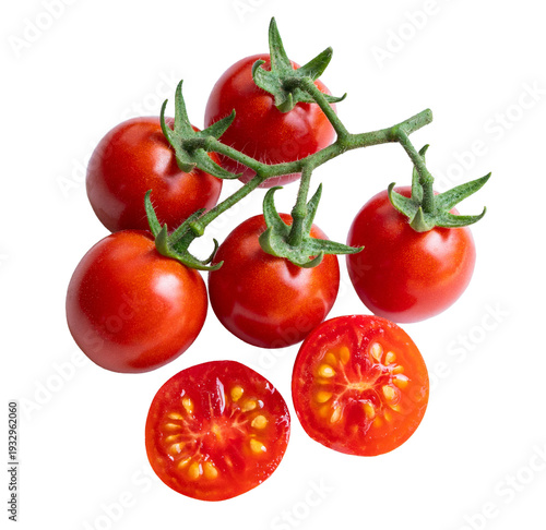 Fresh cherry tomatoes on vine isolated with cut halves showing seeds