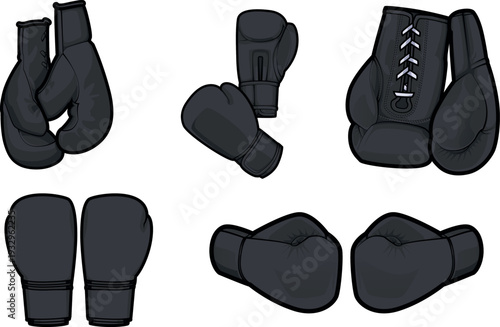 Colored vector illustration set of premium black boxing gloves in 5 poses: hanging, upright, flat lay, laced, and front punch. Highly detailed for boxing club branding and apparel print.