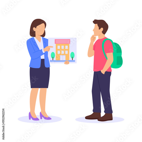 Hotel Booking, Reserving accommodation for pilgrims in holy cities, Flat vector character illustration