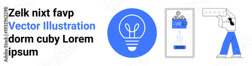 Digital solutions, modern apps, user interfaces, energy innovation, creativity, teamwork. Abstract light bulb, mobile UI person holding a board. Innovation and modern apps concept