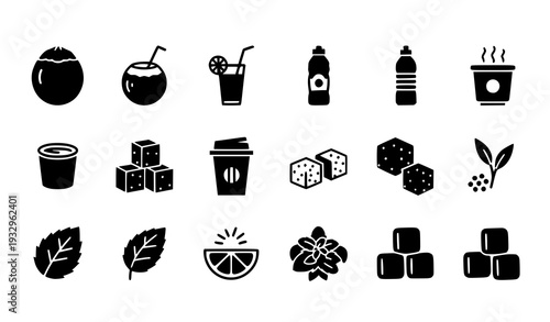 Clean Black Silhouette Beverage and Ingredient Icons Vector Set