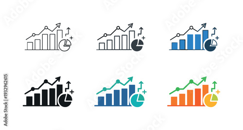Growth statistics icon showing stylized bar charts, line graphs, arrows, and data symbols representing business growth,