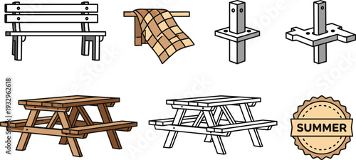 Outdoor Picnic Table Set with Wooden Benches, Park Seating, Summer Vacation Elements, and Garden Furniture Vector Illustration.