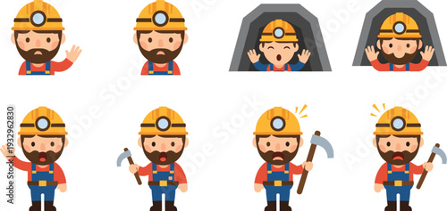 Cute Miner Character Set with Bearded Men in Hard Hats, Pickaxe Tools, and Tunnel Entrance Icons for Coal Mine Vector Design.